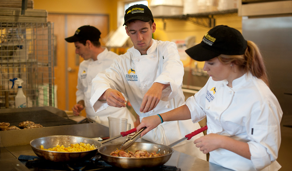 photo - culinary students cook in the teaching kitchen on the CMC Steamboat Springs campus.