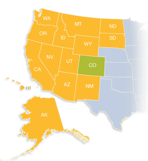 map showing WUE states: Alaska, Arizona, California, Hawaii, Idaho, Montana, Nevada, New Mexico, North Dakota, Oregon, South Dakota, Utah, Washington and Wyoming.