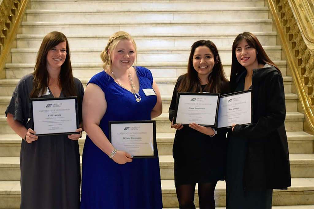 Photo: Four CMC students studying elementary education have been named to the Colorado Department of Higher Education’s Future Educator Honor Roll. From left, CMC students Kelli Ludwig, Tiffany Simonson, Diana Hernández and Ana Chavira. Hernández and Ludwig attend CMC Vail Valley, and Simonson and Chavira attend CMC Glenwood Springs.