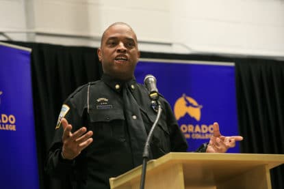 photo: Terrance Carroll - legislator and reserve police officer - gives the commencement address at the CLETA graduation at CMC Spring Valley. Photo David Watson