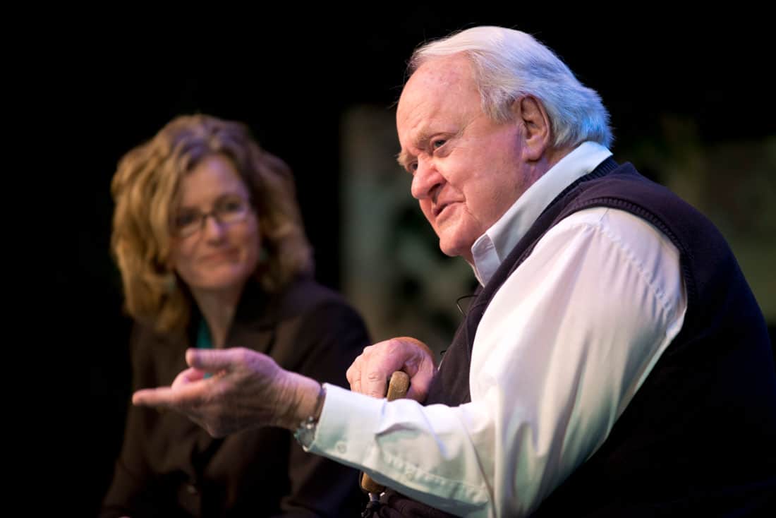 Jim Calaway speaks at the 2014 Roaring Fork Cultural Series at Thunder River Theater in Carbondale as Colorado Mountain College President Carrie Besnette Hauser listens. Photo: Doug Stewart/Colorado Mountain College
