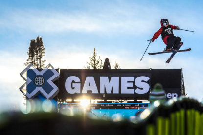 photo by Caito Foster: Isaacson School photograph student work, skier at X Games at dusk