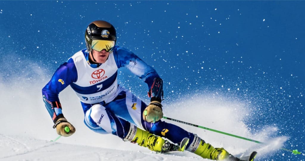 photo: CMC's Harrison Goss racing in the giant slalom at Squaw Valley, CA.