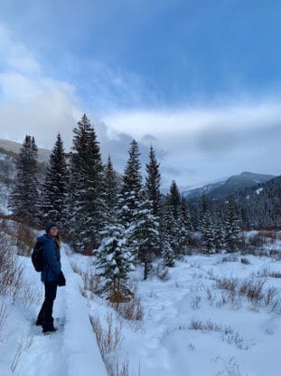 Sierra Verburg hiking in winter.