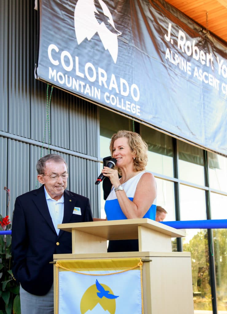 Bob Young and CMC President Dr. Carrie Besnette Hauser at the dedication of the Robert Young Alpine Ascent Center.