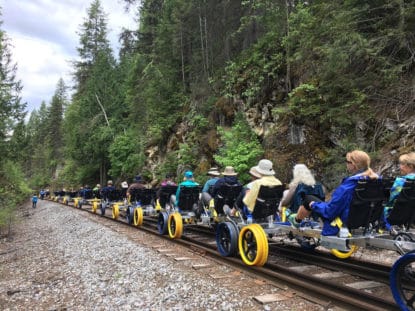 A group of rail rider enthusiasts pedals down a section of railroad track in Oregon. Colorado Mountain College Breckenridge business student, Leadville resident and RailRiders owner Sean Fay is working to expand rail riding in the U.S.