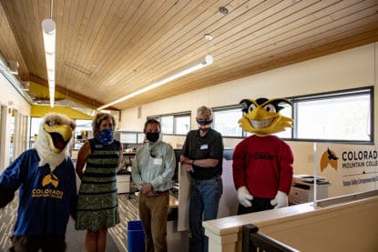 CMC Steamboat's Yampa Valley Entrepreneurship Center will now be housed in Honey Stinger’s new headquarters in Steamboat. From left, Swoop, Carrie Hauser, Randy Rudasics, Mike Keown and Buzz the bee tour YVEC’s new base of operations on Aug. 5. Photo Greg Hughey