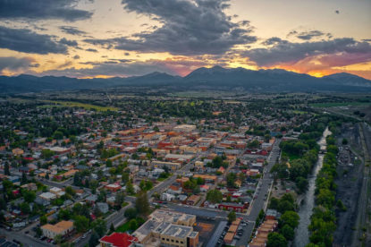 aerial photo of Salida, Colorado, at sunset