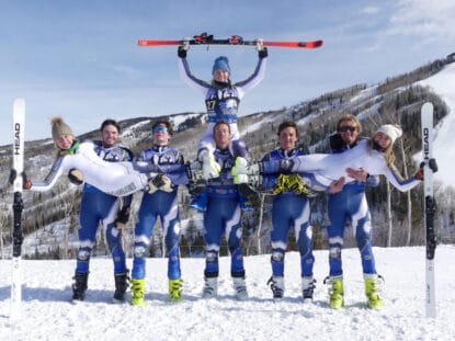 The Colorado Mountain College ski team is flying high after a first-place win by Ainsley Proffit and impressive results in several recent collegiate races. From left, Ainsley Proffit, Gunnar Barnwell, Nick Unkovskoy, Matt Macaluso, Cheyenne Brown, Jack Reich, Mary Kate Hackworthy and Will Cashmore. (Not pictured: Henry Hakoshima, Sergi Piguillem.)