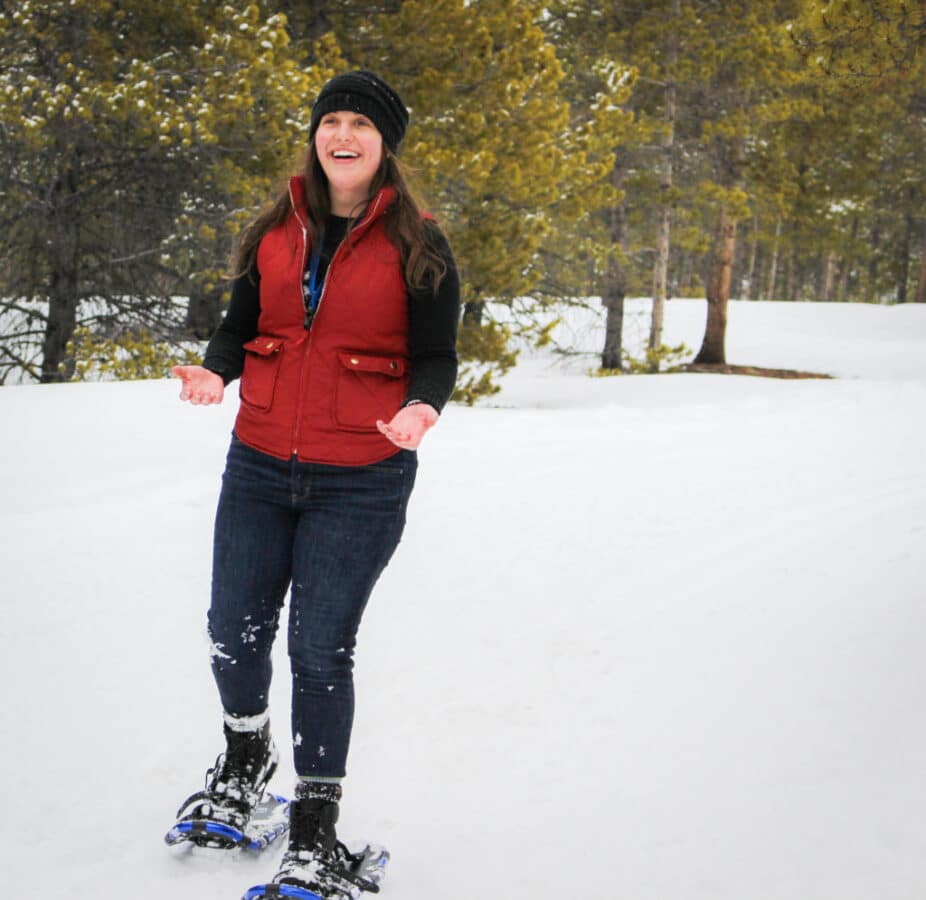 Leah Elkins, Outdoor Studies student at CMC Leadville explores the campus trails in snowshoes.