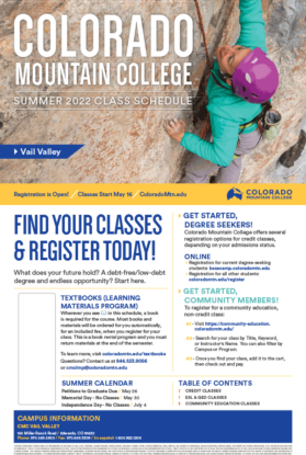 Cover of the CMC Vail Valley 2022 Spring Class Schedule