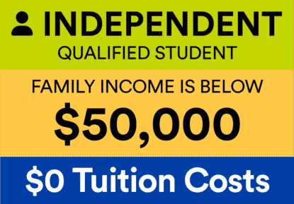 Graphic: A qualified independent student whose annual family income is below $50,000 pays $0 Tuition Costs.